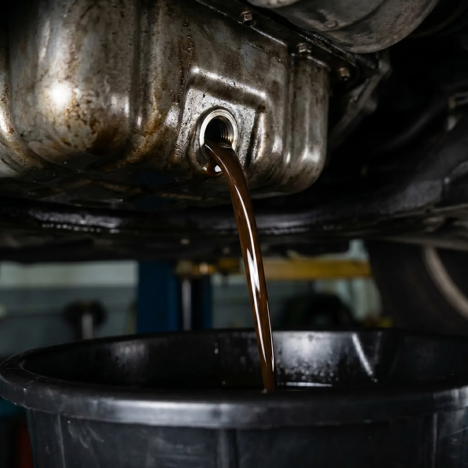 Oil drain during a preventive maintenance service in Davenport, IA at Jack's Brake & Alignment